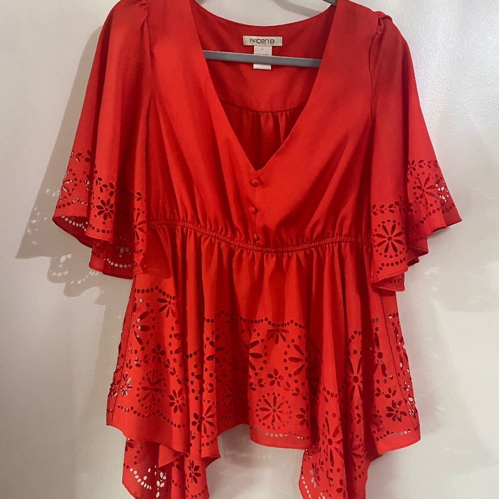 Red Orange Cut Out Print Crop Top Short Sleeves Large